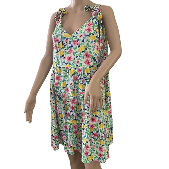 French Grey  Floral Print Sleeveless Summer Dress Empire Waist & Shoulder Ties M - Picture 2 of 15